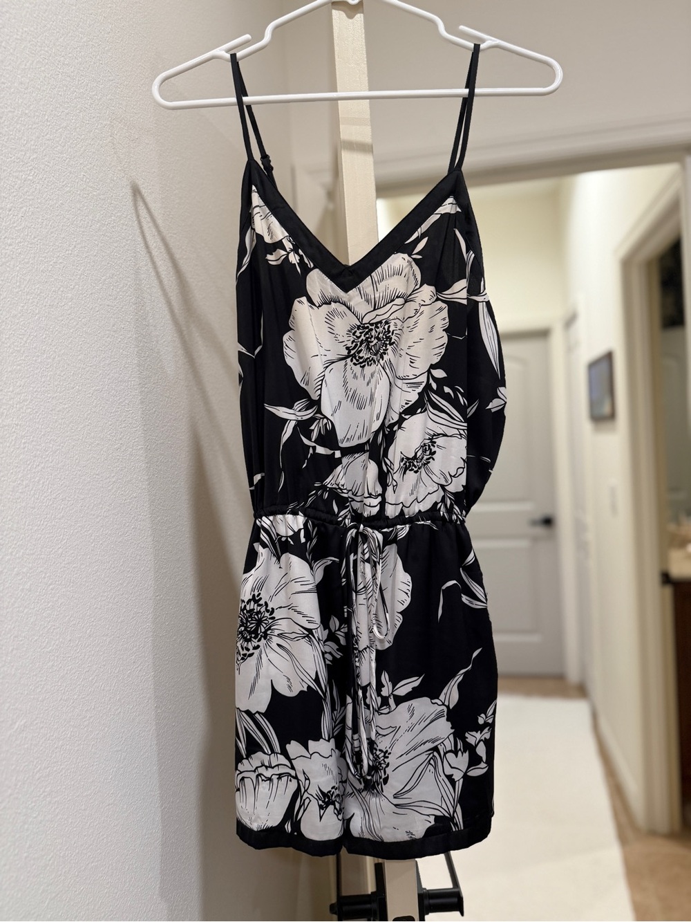 Black & White Floral lightweight Spaghetti Strap Romper with pockets